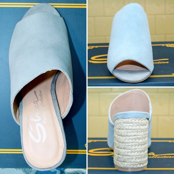 Raffia Heel Powder Blue Suede Leather Mule NIB - Picture 5 of 8